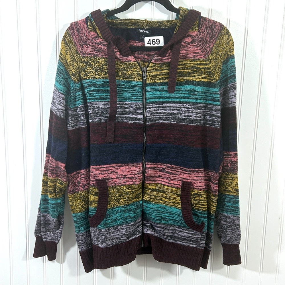 Torrid Hooded Sweater Full Zip Maroon Yellow Striped Womens 4X Pockets
